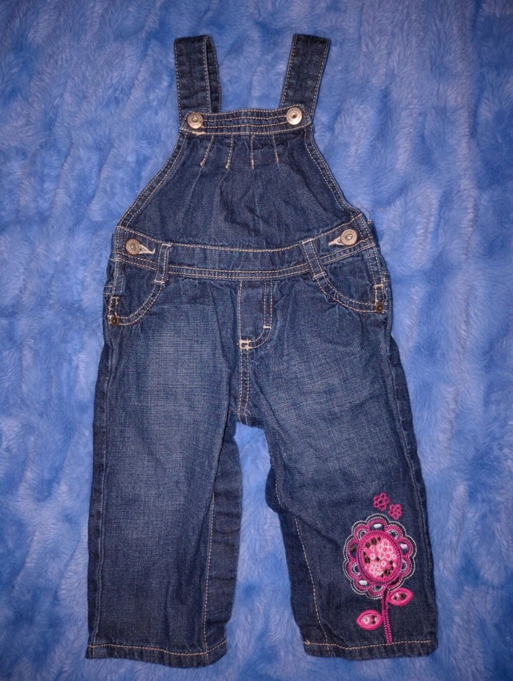 OshKosh B'gosh Dark Blue Denim Overalls with Pink Flower Applique